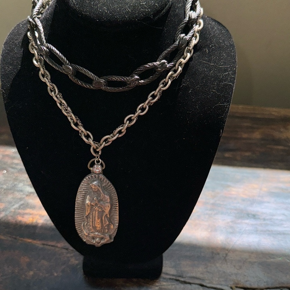Silver our lady of Guadalupe (Mary) statement necklace sand casted